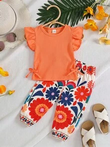 SHEIN Vintaside Kids 2件組女嬰針織羅紋布料短袖圓領T恤與彩色花卉鬆緊腰收口長褲套裝，春夏田園風彩色花卉元素，休閒派對度假穿著，田園風 - 彩色 - 查看 3