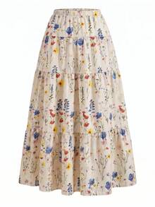 SHEIN Sparklyn Teen Girls Autumn Clothes Multi-Color Ditsy Floral Skirt, Elastic Waist A-Line Full, Ruffle, Ruched, Boho Casual, Lace Formal Party White - Multicolor - View 4
