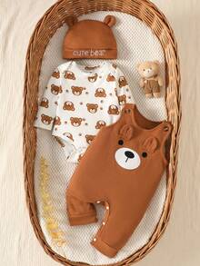 SHEIN Newborn Baby Boy's Brown Bear Long-Sleeve Romper Set Includes Bear-Embroidered Romper And Hat Autumn Fall Photoshoot Family Matching Cute - Brown - View 5