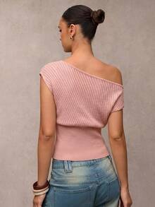 SHEIN BAE 女款不對稱領口針織休閒上衣 - 粉色 - 查看 5
