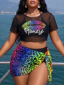 Slaydiva 2026 Plus Size Women 3-Piece Black Blue Leopard Print Bikini Set With Mesh Cover-Up Wrap Skirt, Sexy Vacation Swimwear, Beach Holiday Outfit, Summer - Multicolor - View 5
