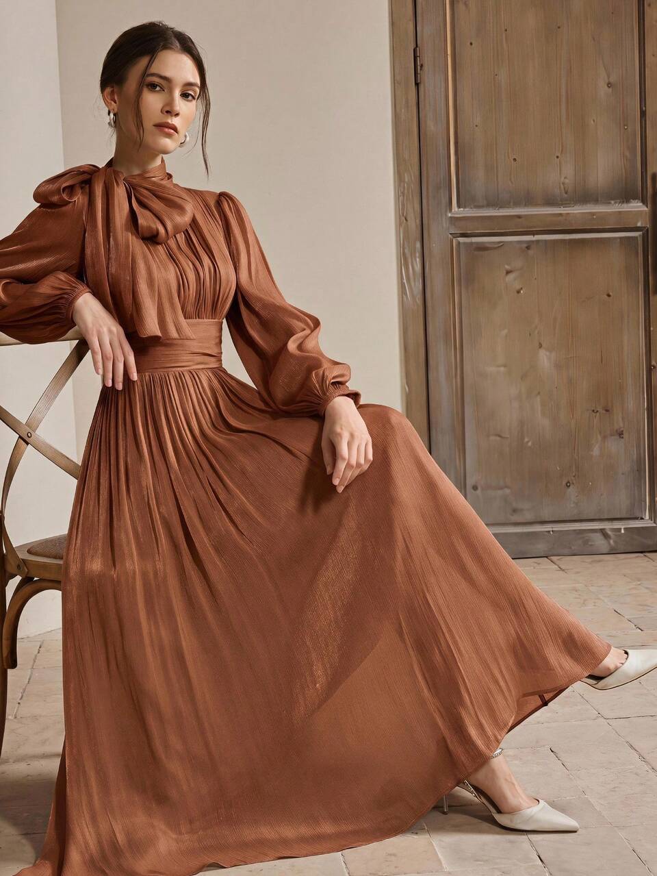 Anewsta Women's Long Dress, Spring/Autumn Style, Waist Pleats, Shiny Fabric, Elegant Elegant, Versatile