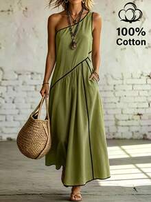 SHEIN Holidaya Women's Summer Pure Cotton Slouchy Linen-Like Asymmetric Shoulder Elegant Loose Contrast Trim Long Dress, Gentle Style, Vacation Style, Fresh Versatile, Youthful, Pastoral Style, Home Wear - Green - View 4