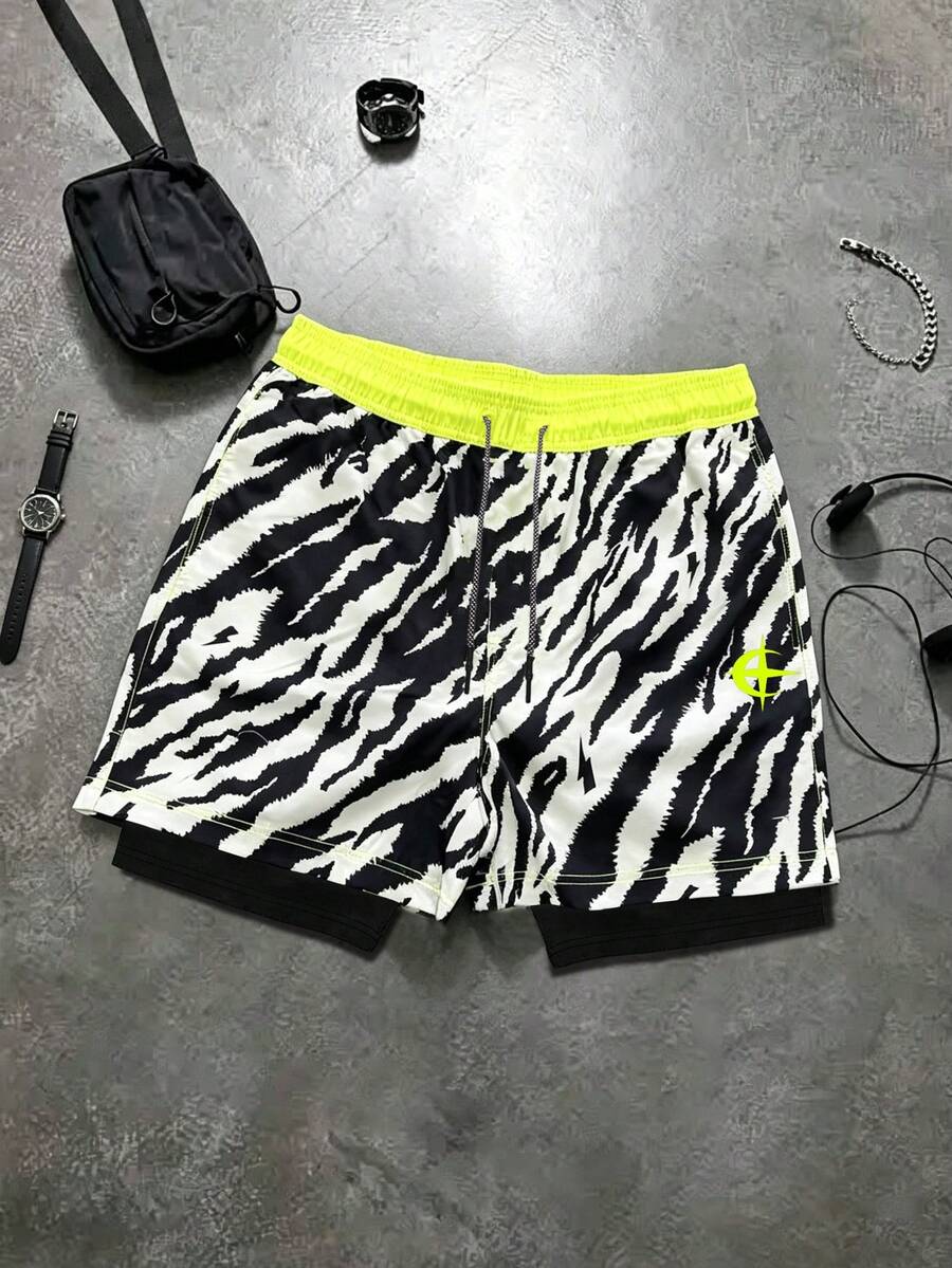Sport MetroGents 男士斑馬紋雙層運動短褲 - 黑色 - 查看 1