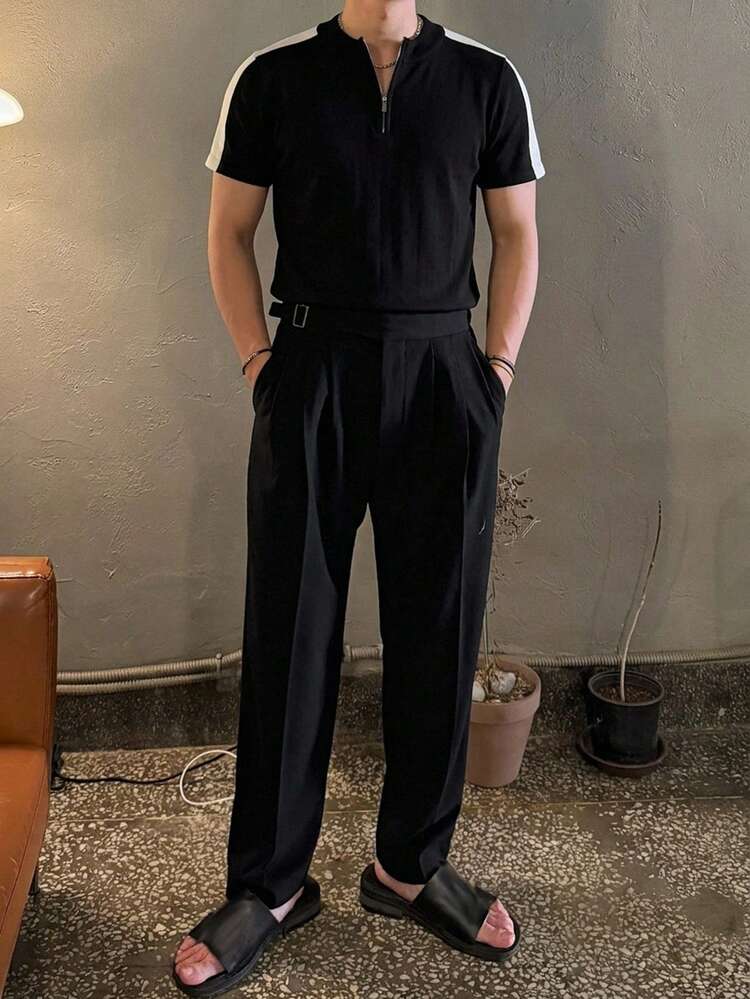 DAZY Men's Round Neck Half-Button Short Sleeve Contrast Color Design Knit Top Summer - Black - View 4