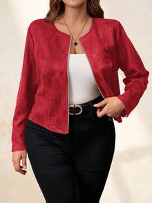 SHEIN Clasi Red Suede Plus Size Women's Jacket , Elegant Daily Commute Business Fall - Burgundy - View 3