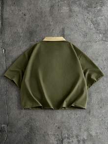 AXEPEAK Men's Contrast Color Lapel Collar Airplane Button Design Short Sleeve Shirt - Olive Green - View 2