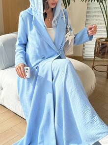 Yasveil Suit Peak Lapel Double-Breasted Long Sleeve Abaya And Elastic Waist Flared Skirt Set - Blue - View 6