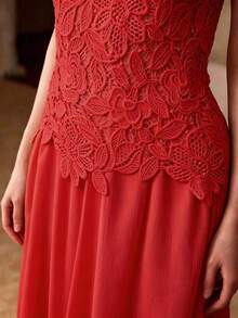 MOTF PREMIUM WOMEN'S SUMMER ELEGANT ROMANTIC STYLE SOLID COLOR PATCHWORK WATER-SOLUBLE LACE SLEEVELESS DRESS - Red - View 3