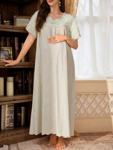 PalaceNights French Vintage Maternity Dress, Embroidered Long Maternity Dress, Gentle Style Home Dress - Mint Green - View 6