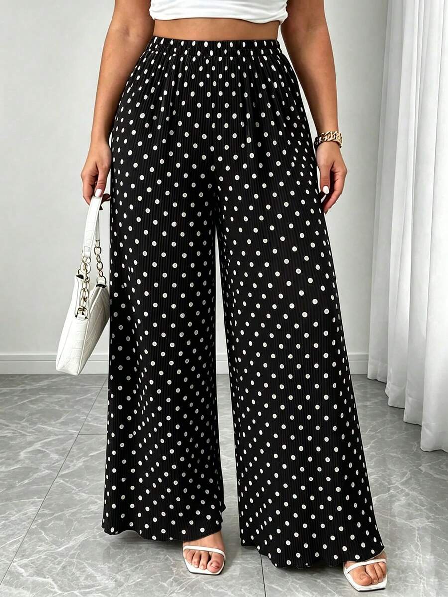 Elenzga Plus Size Brown Polka Dot Pleated High Waist Drape Slimming Casual Wide Leg Long Pants - Black - View 1