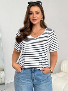 Shapeblank Plus-Size Women's Summer Elegant Smart Casual Black And White Striped Hollow-Out Embroidered Short-Sleeved T-Shirt,Everyday Loose Fit Vacation Tops - Black and White - View 2