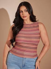 SHEIN BAE CURVE 大尺碼女款休閒條紋背心，夏季 - 彩色 - 查看 3