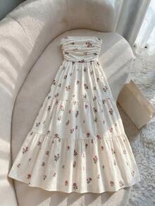 SHEIN Franclia 女款時尚優雅鄉村風浪漫日常早午餐度假無袖百褶碎花長洋裝 粉色與白色 夏季 - 彩色 - 查看 2