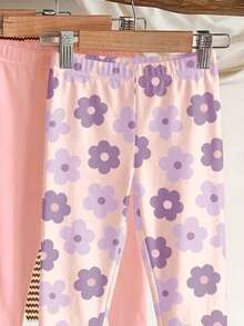 SHEIN Random 4 PACK Send 3PACK Versatile Color Series, Sweet Cute Floral & Striped Series, Baby Girl Cute Comfortable Casual Leggings Elastic Leggings Suitable For Spring/Summer Daily Wear, School, Outings, Street, Vacation, Picnic, Farm - Multicolor - View 4