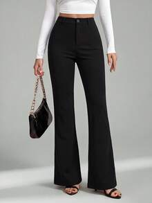 SHEIN Tall Celana Panjang Wanita Warna Polos Kancing Depan Kasual Model Pas Badan Model Flare - Hitam - View 9