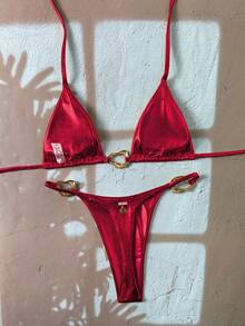 Swim Vcay 女款新款時尚掛脖細肩帶露背金屬飾邊性感三角比基尼套裝 - 紅色 - 查看 2