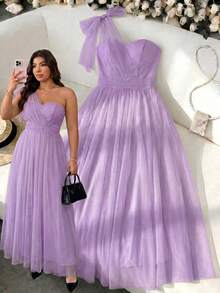 Elenzga Damen-Maxikleid in großen Größen für Frühling/Sommer, zarter Feenstil in Mintgrün mit Quasten und Mesh, schulterfrei mit geraffter Taille, schlankmachend und ausgestellt, geeignet für Hochzeit als Brautjungfer, Gartenparty, Valentinstag-Outfit und Reisefotografie, leichtes und fließendes Mesh-Material, Schleifendekoration für lebendigen und zauberhaften Charme - Violett - Übersicht 3
