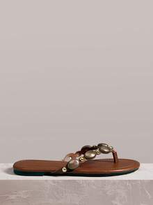 Styleloop Chocolate-Colored Riveted Flip-Flops, Inlaid With Retro Gold Pyramid Decoration, Bold And Avant-Garde In Shape, Suitable For Holiday Style, Spring Str - Camel TS - View 2