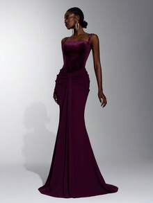 Elitara Elegantes minimalistisches Mode-Abendkleid für Damen in Dunkellila, elastisches Mesh, Neckholder, Samt, figurbetont, plissiert, lang, formell - Bordeaux - Übersicht 4