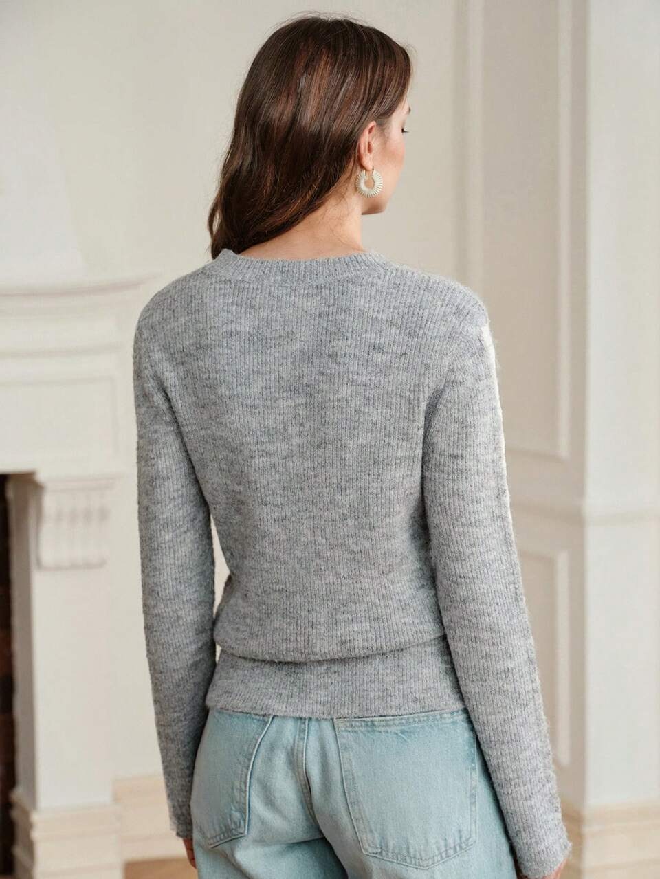 Autumn/Winter French Gentle Style Grey Soft Knit Sweater, Slim Fit Long Sleeve Pullover, Sexy Lace Patchwork Side Sleeve Sweater