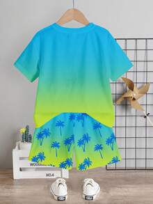 Conjunto de camiseta casual minimalista para niño joven, estampado clásico y elegante de playa de vacaciones, estampado clásico de patrón de árbol de coco, estampado de patrón de color degradado colorido - Multicolor - Ver 2