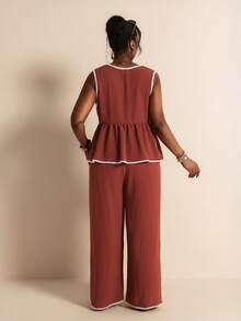 Elaquor Plus Size Vacation Casual Bohemian Boho Contrast Trim Tank Top Long Pants 2 Pieces Set Summer Going Out Bussines Beach Brunch Ruffle Hem - Redwood - View 3