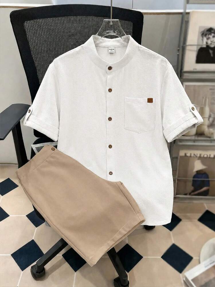 SHEIN 青少年男孩休閒舒適紋理波浪條紋短袖襯衫與短褲套裝，春/夏 - 彩色 - 查看 1