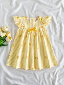 SHEIN Vintaside Kids Vestido para bebé niña pequeña/recién nacida 0-3 años primavera/verano casual versátil lindo dulce divertido con mangas de volantes - Amarillo - Ver 7