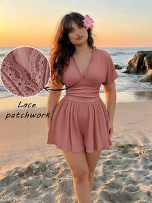 SHEIN MOD Bộ jumpsuit tay cánh dơi cổ chữ V viền ren dành cho nữ cỡ lớn, màu mơ, trang phục thường ngày. - Bụi hồng - Xem 1