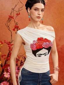 Glamance Frida Kahlo X SHEIN 米白色肖像花卉圖案修身不對稱單肩抽繩短袖上衣 T恤背心，優雅大地色休閒夜間旅行夏季款 - 杏色 - 查看 6