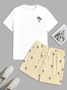 Sorvial Men's Casual Vacation Coconut Tree Print T-Shirt And Striped Shorts Set - White - View 3