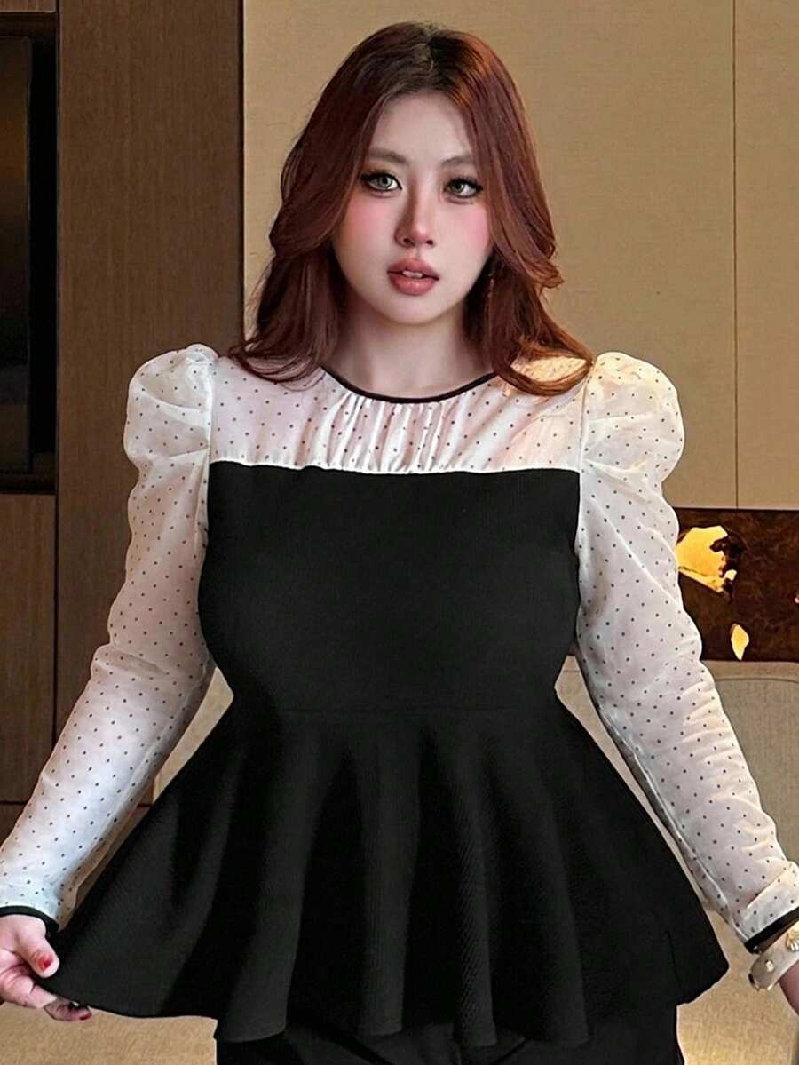 Dazy Plus 女童春夏拼色對比蕾絲修身收腰顯瘦百搭休閒長袖T恤 - 黑色 - 查看 1