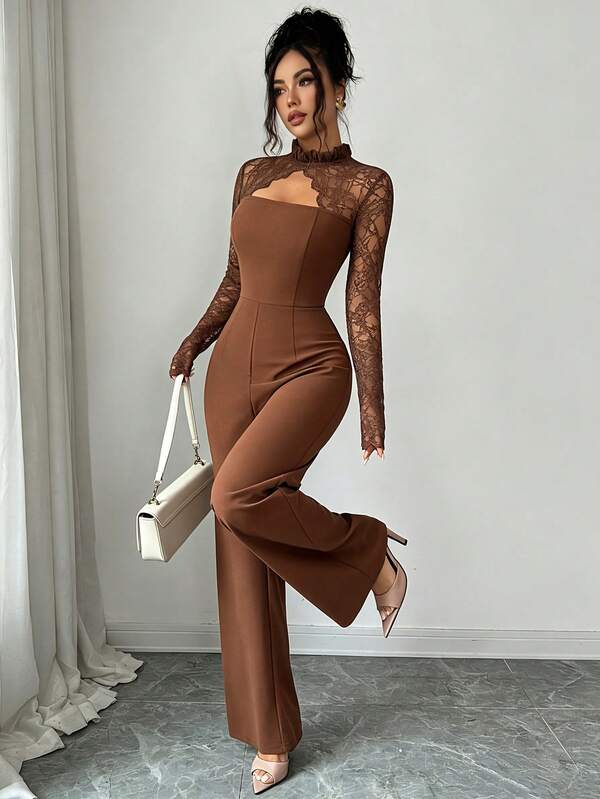 Elenzga Dames jumpsuit in koffiebruin met kanten patchwork, uitsnijdingen, lange mouwen, getailleerde taille, slim fit en rechte pijpen, elegante woon-werkstijl in Europese en Amerikaanse stijl, lente en herfst
