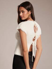 SHEIN BAE Women White Short Sleeve Top, Fuzzy Fluffy Knit T-Shirt With Open Back Cutout, Soft Plush Going Out Top For Summer Night/Open Back Cutout/ Fluffy - Apricot - View 7