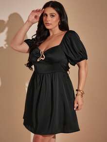 SHEIN BAE CURVE Plus Size Women's Black Flared Mini Dress, Square Neck Puff Sleeve Little Short Gold, Summer, Elegant Formal Cocktail Party Evening Date Night - Black - View 7