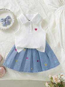 Genkimix Kids 女童夏季新款休閒套裝，白色羅紋 Polo 無袖上衣，淺藍色丹寧愛心刺繡裙，鬆緊腰 A 字版型，柔軟舒適面料，適合校園、日常穿著、外出與聚會 - 淺色水洗藍 - 查看 5