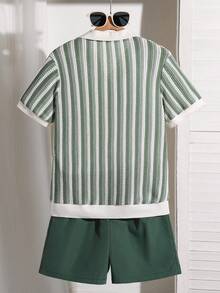 Mirajuku Jungen Sommer Waffelstreifen Kurzarm T-Shirt und Shorts 2 Stücke Set, entworfen für aktive Jungen, aus hochwertigem Waffelstoff zum Schutz empfindlicher Haut, einzigartige Waffeltextur verleiht modischen Touch - Grün - Übersicht 2