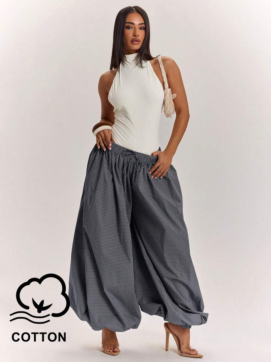 SHEIN BAE Women's Plaid Loose Lantern Sleeve Waist Tie Long Pants Vacation Black Gingham Autumn Casual - Navy Blue - View 1
