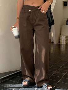 DAZY Women's Loose Casual Cat Whisker Korean Style Wide Leg Jeans Fall - Coffee Brown - View 1