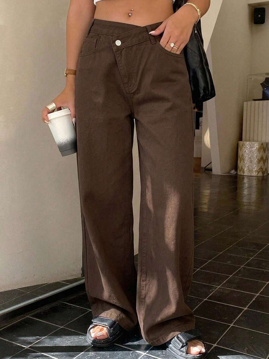 DAZY Women's Loose Casual Cat Whisker Korean Style Wide Leg Jeans Fall - Coffee Brown - View 1