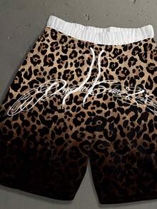 StoneGrade Pantalones de chándal para hombre de talla estándar con ajuste holgado, doble cintura, estampado completo de moda con letras inglesas cursivas curvas y estampado de leopardo degradado - Marrón - View 2