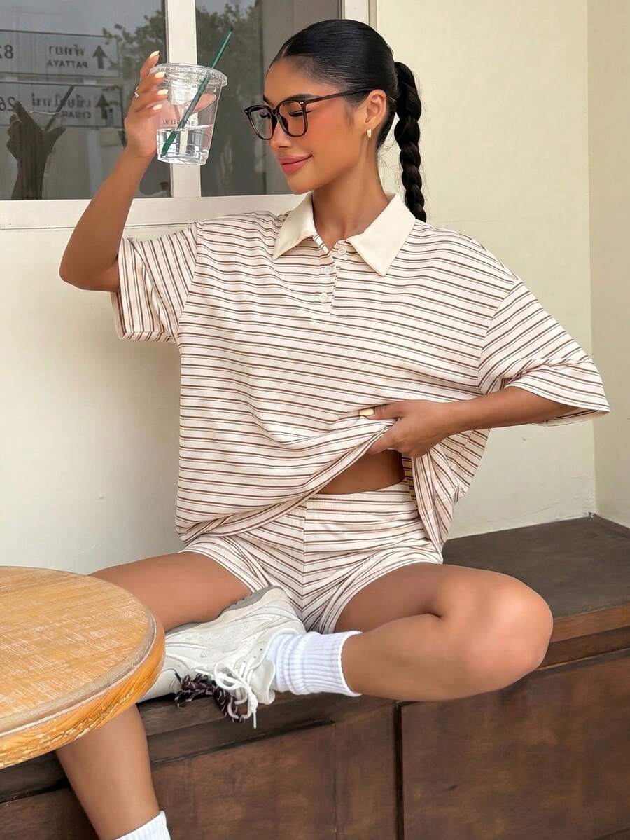 Muchica 女款條紋拼接短袖上衣與短褲休閒日常套裝 - 杏色 - 查看 1