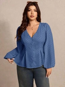 Elaquor 大尺碼女款圓點圖案對比蕾絲V領燈籠袖優雅襯衫 - 藍色 - 查看 5