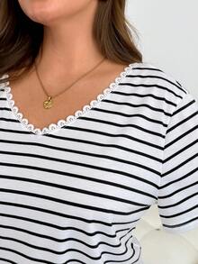 Shapeblank Plus-Size Women's Summer Elegant Smart Casual Black And White Striped Hollow-Out Embroidered Short-Sleeved T-Shirt,Everyday Loose Fit Vacation Tops - Black and White - View 6