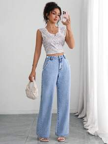 SHEIN Clasi Street Style Casual Light Blue Washed Versatile Button Rivet Detail Chain Hardware Wide Leg Straight Daily Wear Jeans For Women - Light Wash - View 7