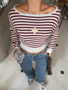 Muchica Women's Striped Boat Neck Dropped Shoulder Long Sleeve Cropped Sweater - Multicolor - View 3