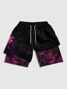 ROMWE MEN Goth Pantalones cortos de doble capa con cintura de cordón y estampado de dragón para hombres - Multicolor - Ver 1