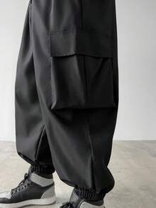 Manfinity Hypemode Plus Size Men's Loose Fit Cargo Pants With Drawstring Waist Vacation Holiday All Black Autumn Street - Black - View 4