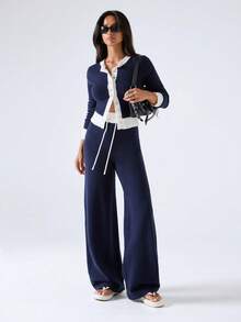 LYSMO Women's Colorblock Long Sleeve Single-Breasted Knit Cardigan And Knit Pants Casual Set - Navy Blue - View 4